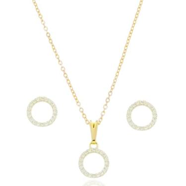 Imagem de Conjunto Colar E Brinco Feminino Folheado A Ouro 18k Pingente Redondo Cravejado Elegante Perfeito Para Presente