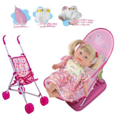 Imagem de Boneca Rafaeli Fax Xixi + Banheira Rosa e Carrinho Baby Rosa - Milk Br