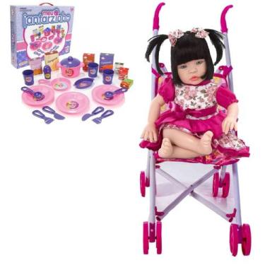 Imagem de Boneca Baby Kiss Estilo Reborn Morena +Carrinho e Kit Jantar - Sid Nyl