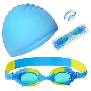 Imagem de Touca de natação infantil para meninos e meninas, touca de natação de silicone para cabelo curto com óculos de natação e clipe de nariz, azul, unissex, touca de banho à prova d'água para crianças de 3