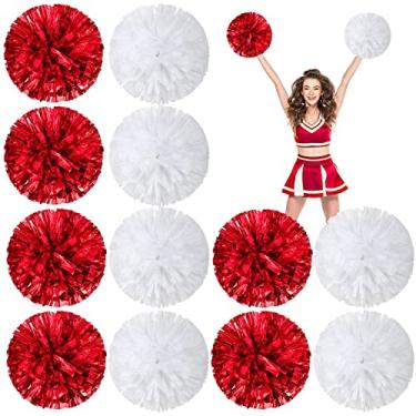 Imagem de Deekin Pacote com 12 pompons de líder de torcida, pompons metálicos com alça de morcego para equipe de torcida e diversão de equipe de torcida para festas, esportes dança alegria, 30 cm, 50 g de peso cada (vermelho, branco)