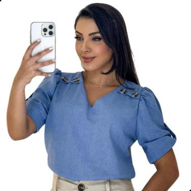 Imagem de Blusa Feminina Evangélica Social Linho Gola V Com Botões - LOOK MODAS 
