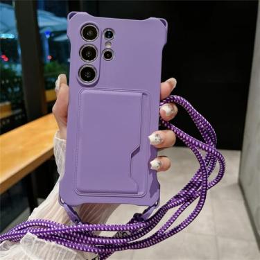 Imagem de Colar crossbody corda silicone macio bolsa de cartão capa de telefone para Samsung S24 Ultra S23 S22 FE A54 5G A53 capa de carteira com suporte de cartão, roxa, para Samsung S24Ultra