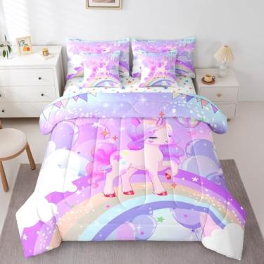 Imagem de Feelyou Jogo de cama solteiro de unicórnio para meninas, tamanho kawaii, fofo, arco-íris, unicórnio, 7 peças, decoração de quarto infantil, roxo, unicórnio, animal, 1 fronha
