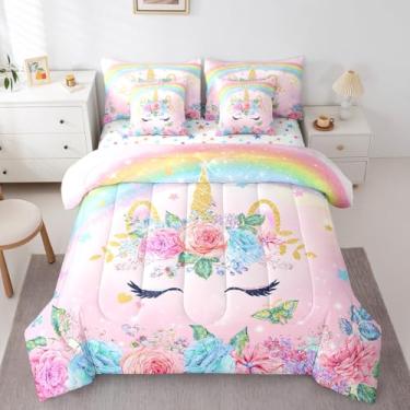 Imagem de Feelyou Conjunto de edredom solteiro de unicórnio com lençol para decoração de quarto de crianças, meninas, adolescentes, 3D, rosa, arco-íris, 7 peças, ultramacio, fofo e em uma bolsa