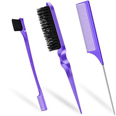 Imagem de Sularpek 3 peças kit pente pentear cabelo, escova de cabelo esponjosa, escova de borda de boca rosto, pente de cauda de rato de cabeleireiro profissional para salões e cabeleireiros (roxo)
