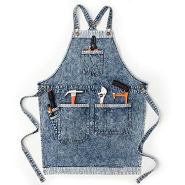 Imagem de Jeanerlor – Avental masculino de brim Shop com bolsos para trabalho em madeira de barbeiro, alças cruzadas estilo especial de lavagem (azul denim) ajustável G a 2GG