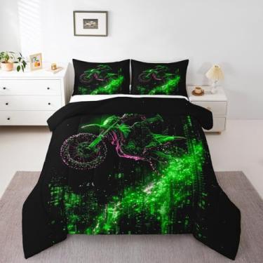 Imagem de Feelyou Conjunto de edredom infantil com estampa de motocross, motociclista, esportes radicais, adolescentes e 1 fronha, tamanho solteiro