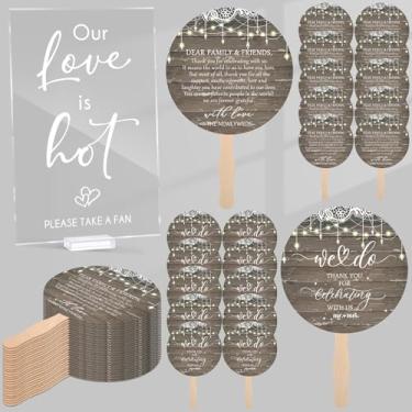 Imagem de Fumete 101 peças de leque de casamento para convidado incluído placa de mesa de acrílico Love is Hot 100 leques de papel de mão para casamento com alça de madeira, ideal para lembrancinha de