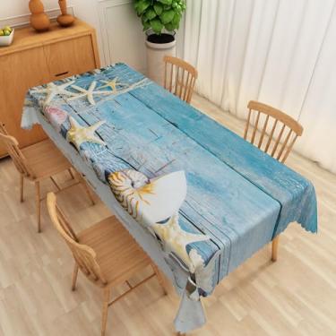 Imagem de SIEDYCV Toalha de mesa de madeira azul estilo náutico, 152 x 213 cm, areia branca, estrela-do-mar, conchas, redes de pesca, tecido estampado, toalha de mesa, à prova d'água, para jantar, praia,