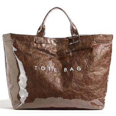 Imagem de MINGRI Sacolas grandes femininas de PVC transparente bolsa de plástico para carregar todas as bolsas de papel kraft bolsa de ombro Hobo para trabalho e viagens, Café A, Large, Sacola