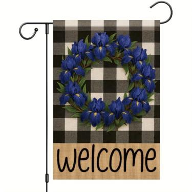 Imagem de Starlit Patio Guirlanda de boas-vindas xadrez búfalo bandeira de jardim bandeira roxa de flor de íris 30,5 x 45,7 cm dupla face primavera outono outono fazenda ao ar livre decoração pequena para