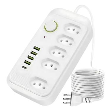 Imagem de Filtro de Linha com 5 Tomadas, 4 Portas USB, 1 USB Tipo-C, Cabo de 2m Extensão de Tomadas, Suporte a 110-220V,Potência de 2500W. Ideal para: Carregar Dispositivos com Segurança e Praticidade - Branco