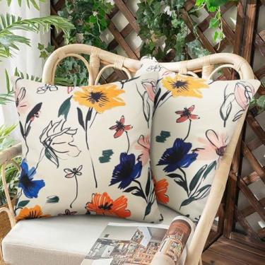 Imagem de Merrycolor Capas de almofada para ambientes externos 45,7 x 45,7 cm, conjunto de 2 capas de almofada decorativas de flores azuis e amarelas laranjas, primavera, verão, ao ar livre, quadradas