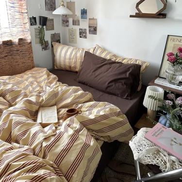 Imagem de MKXI Conjunto de capa de edredom Queen Size marrom avermelhado e amarelo - Conjunto de cama estética vintage de 3 peças, algodão, design minimalista, capa de edredom macia e respirável com laços de