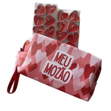 Imagem de Kit Necessaire Meu Mozão E 20 Mini Velas Vermelhas Aromáticas Cedro Flutuantes Dia dos Namorados E Datas Comemorativas Corações - Alça Removível