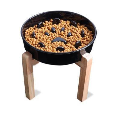 Imagem de Tigela de alimentação lenta para cães, tigela de cerâmica para ração média e grande, tigela divertida para cães com suporte de madeira para comer devagar, preta