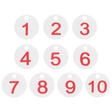 Imagem de PATIKIL 1-10 etiquetas numeradas de plástico redondo numerado identificação identificação chave pendurar etiqueta para chaveiro de dormitório caixa de armário de academia, branco com texto vermelho