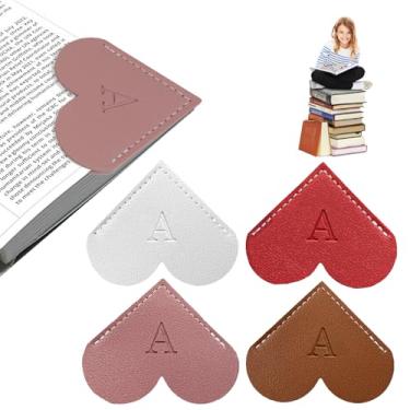 Imagem de 4 marcadores de livro de coração de couro personalizado com inicial, 26 letras, marcador de página de canto personalizado para mulheres leitoras, amantes de livros, professores, estudantes, acessórios