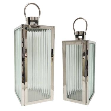 Imagem de Jogo 2 Lanternas Decorativa Inox e Vidro Canelado Luxo 49cm e 38cm - Mabruk