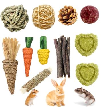 Imagem de DEFKIYT Brinquedos para mastigar hamster, 11 peças, conjunto de cuidados com molares de coelho, bola de grama e bolo, guloseimas de ramo de maçã para chinchila