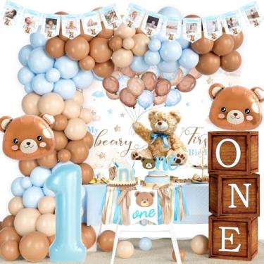 Imagem de Hombae Decorações De Aniversário De 1º Aniversário De Urso De Pelúcia Para Menino, Decorações De Primeiro Aniversário De Urso, Balões De Fundo Azuis E Marrons, Caixas De Banners, Topo De Bolo, Coroa