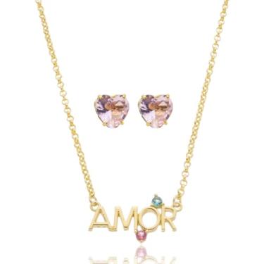 Imagem de Presente Namorada Colar E Brinco Amor Zircônia Semijoia Antialérgica Banhado a Ouro 18k (Rosa)