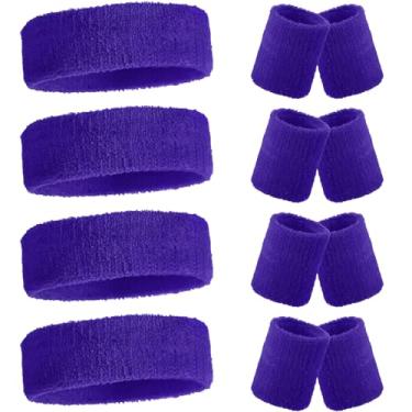 Imagem de Civaner 4 conjuntos de faixas de suor neon dos anos 80 anos 90 faixas de suor para treino de algodão tecido felpudo absorvente de cabeça elástica antiderrapante para homens e mulheres festa (roxo)