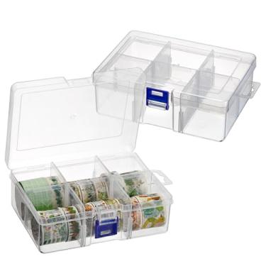 Imagem de BTSKY Pacote com 2 caixas de armazenamento de plástico com grades de 6 compartimentos, organizador de fita Washi com divisórias removíveis, estojo de recipiente de fita Washi transparente leve para