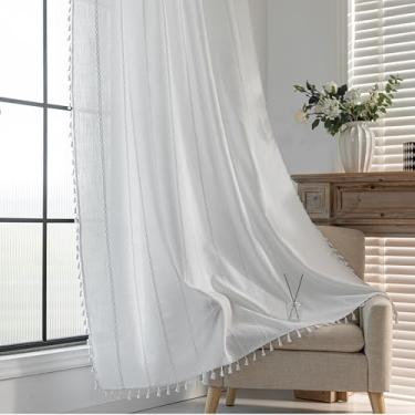 Imagem de Erbnaryx Cortinas Boho bordadas para sala de estar quarto 1 painel L 159 x C 192 bolso branco, listrado fazenda chique texturizado, borlas vintage feito à mão decoração country drapeado.