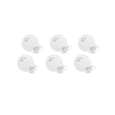 Imagem de Estojo com 6 Xícaras de de Café com Pires com Pé. Modelo Redondo com Relevo Pomerode. Decoração Eterna. Fabricado pela Porcelana Schmidt.