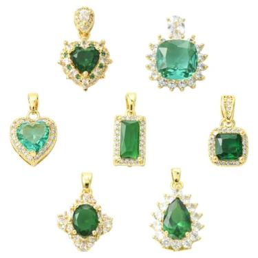 Imagem de Stiesy Pingentes de zircônia cúbica verde, 7 peças, gota dourada, coração, losango, retângulo, pingentes quadrados de latão verde cristal strass CZ pingentes a granel para fazer joias, artesanato