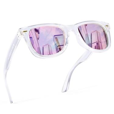 Imagem de FancyPink Óculos de sol femininos polarizados - Óculos de sol espelhados com proteção UV400, óculos de sol modernos de designer - ajuste médio, Lente espelhada rosa com armação transparente A08, M