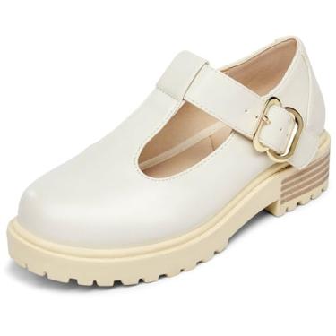 Imagem de Coutgo Sapatos femininos Mary Jane plataforma mocassins uniforme escolar salto grosso bico fechado sem tira em T, Branco creme, 15