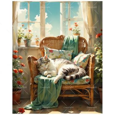 Imagem de Kit de pintura de cantos aconchegantes por números para adultos – DIY gato dormindo em cadeira de vime por pintura de janela em tela 40,6 x 50,8 cm, conjunto de tinta acrílica, adequado para