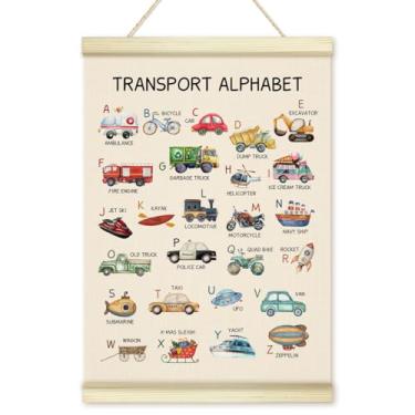 Imagem de Moldura de suporte de pôster de alfabeto de transporte, impressão de arte em tela de madeira educacional ABC, arte de parede de construção positiva para quarto de meninos, escola em casa, pré-escola