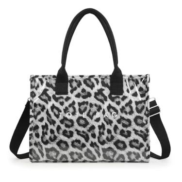 Imagem de GISMTR Sacola feminina de PVC com letras grandes estampadas Hobo Bolsa de ombro de papel Kraft com alça para trabalho e viagens, Leopardo preto