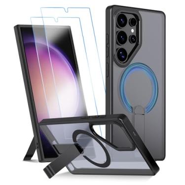 Imagem de Capa para Samsung Galaxy S24 Ultra Capinha - Compatível com MagSafe, com protetor de ecrã temperado de 2 peças, estojo ultrafino resistente a choques e quedas com suporte ajustável - Preto