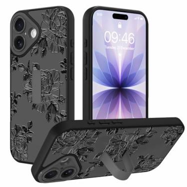 Imagem de AIGOMARA Capa feita para iPhone 17 com alça de dedo com suporte de flor preta design floral para mulheres meninas TPU macio amortecedor rígido PC traseiro antiqueda à prova de choque capa fina