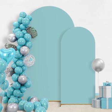 Imagem de GOJAWAY Conjunto de 3 capas de arco de casamento azuis de 1,8 m / 2 m, capas de suporte de arco de casamento de elastano para topo redondo Chiara Arch Back, suporte para decoração de festa de