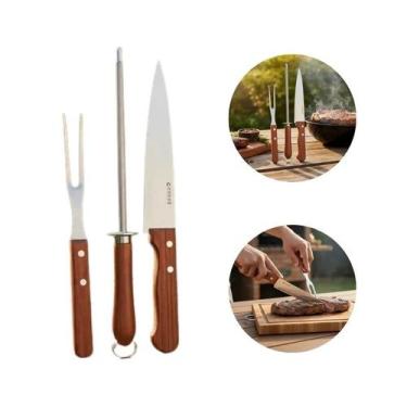 Imagem de Kit 3 Peças Para Churrasco Açougue Faca Garfo Chaira Inox - XPERT