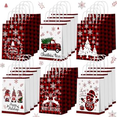 Imagem de Geyoga 24 peças de sacos de presente de papel de Natal, lembrancinhas de festa de Natal, boneco de neve, gnomo, guloseimas de árvore de Natal, caixas de papel xadrez vermelho e preto para homens e