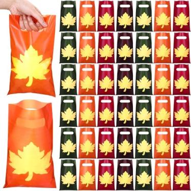 Imagem de Affrolling 200 peças de sacos de presente com tema de outono, reutilizáveis, coloridos, com alças, presente de outono, folha de bordo, doces, sacola de plástico para outono de Ação de Graças