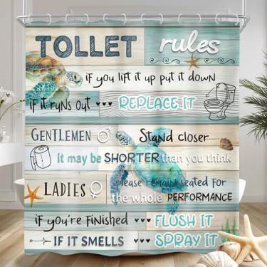 Imagem de Riyidecor Cortina de chuveiro com regras de banheiro 152 cm L x 182 cm A citações engraçadas de tartaruga marinha oceânica azul-petróleo aquarela rústica casa de fazenda de madeira decoração de