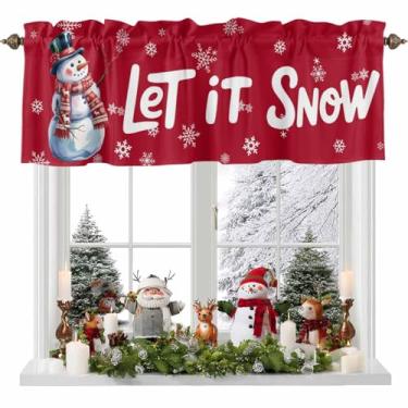 Imagem de Cortina de Natal para janelas, boneco de neve, lenço vermelho, floco de neve, bolso de haste, sanefa, tratamentos de janela, cortinas curtas vermelhas nevadas para cozinha, janelas, banheiro, quarto