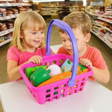 Imagem de Cesta de Supermercado Cesto de Frutas Comer de Brincadeira Feirinha In