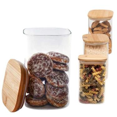 Imagem de Kit 4 Potes Herméticos Quadrado Vidro Tampa De Bambú 700ML - VALE IMPO