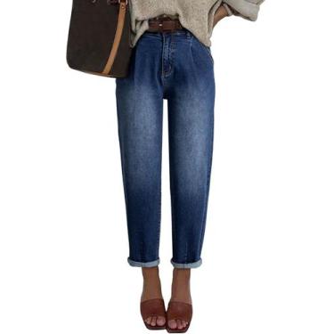 Imagem de Calças cargo EVALESS Barrel Jeans femininas de cintura alta azul marin