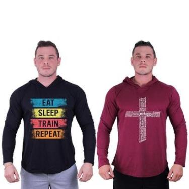 Imagem de Kit 2 Camisetas Manga Longa com Touca Longline Estampada Treino Academia Lazer Casual-Masculino