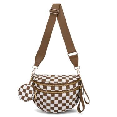 Imagem de WOOMADA Bolsa transversal quadriculada para mulheres, pochete espaçosa de nylon com carteiras removíveis, Xadrez marrom